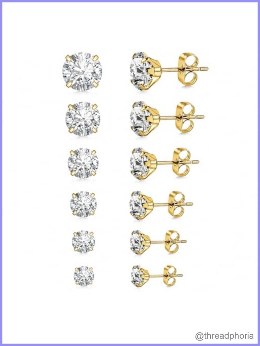 6 Pairs Stud Earrings 14K Gold Plated Stainless Steel CZ Hypoallergenic Set